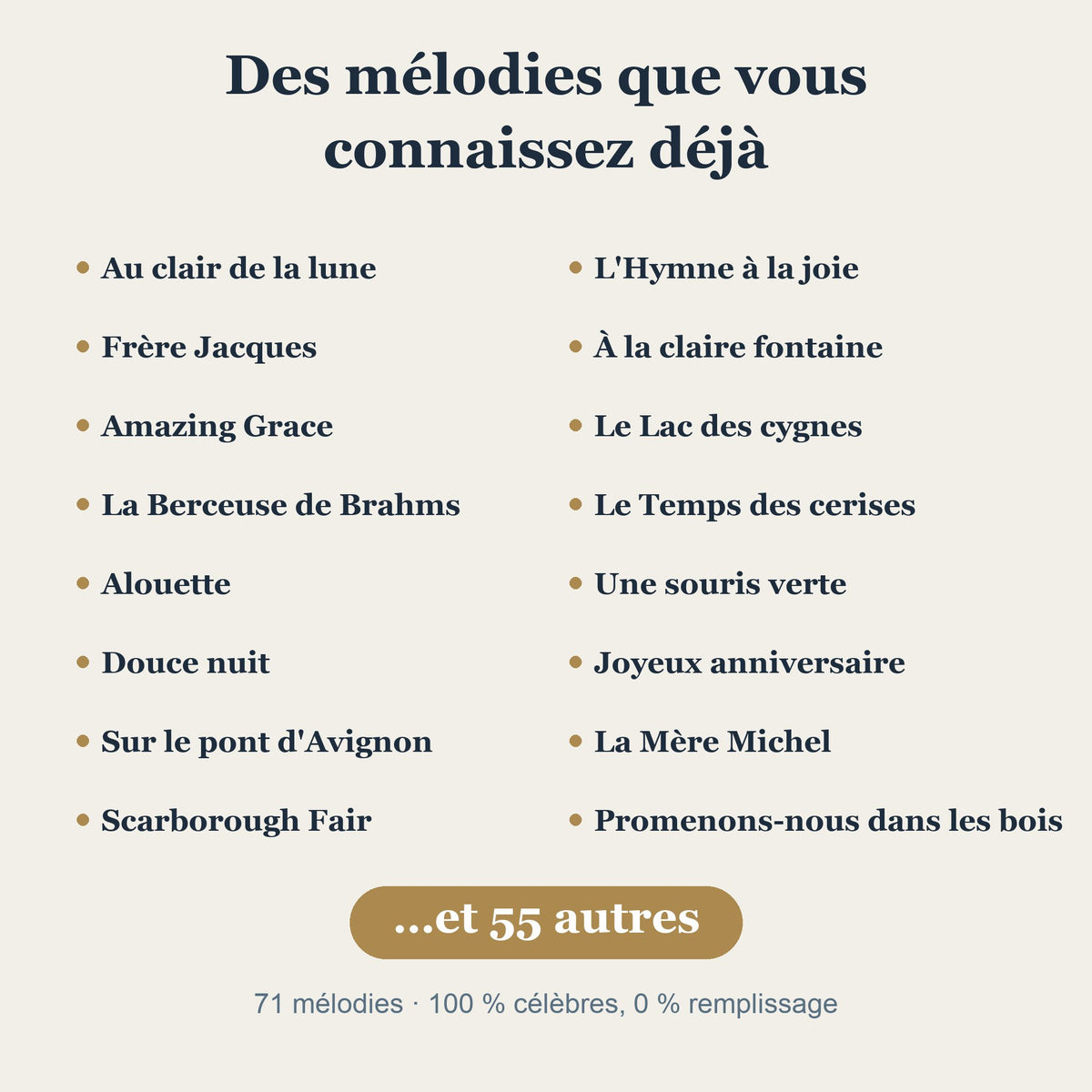 Des mélodies que vous connaissez déjà : Au clair de la lune, Frère Jacques, Hymne à la joie…
