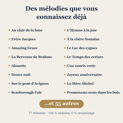 Des mélodies que vous connaissez déjà : Au clair de la lune, Frère Jacques, Hymne à la joie…